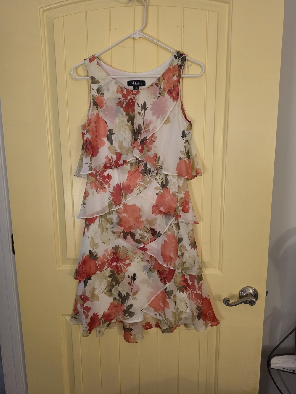 SL Fashions White Mini Dress with Coral Floral Ruffles